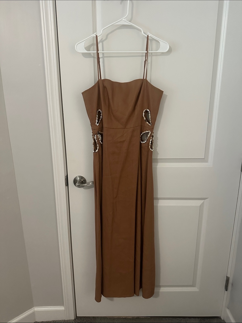 Gianni Bini Elegant Brown Maxi Dress with Beaded Side Cutouts